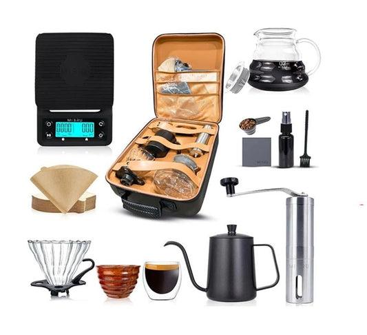 حقيبة القهوه المختصه الفاخرة من الكاربون فايبر و الجلد 12 قطعة